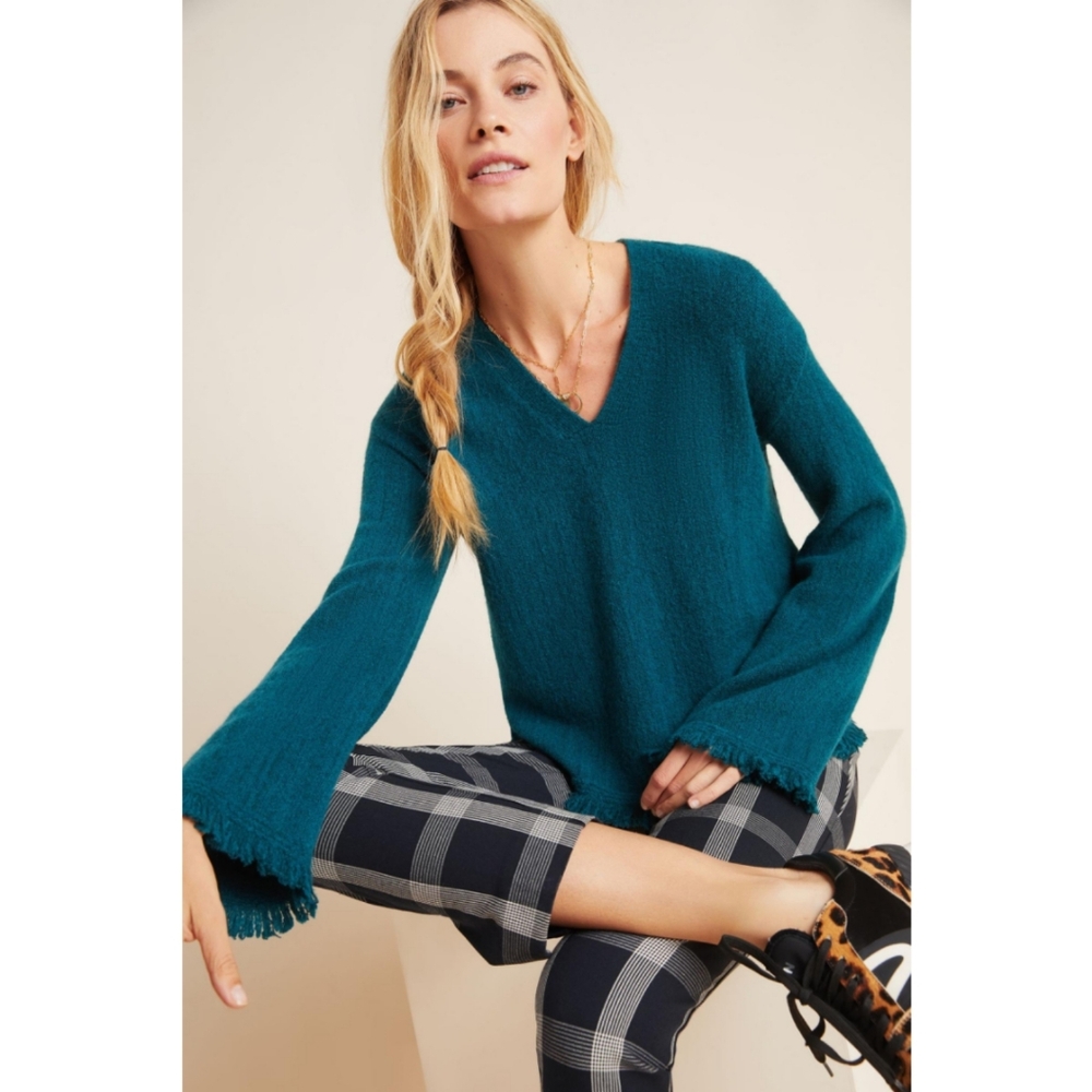 Anthropologie Warm Alpaca Wool Blend Teal V Neck Joy Fringe Knit Sweater XS Warm